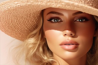 Face of beautiful young woman with summer straw hat. KI generiert, generiert AI generated