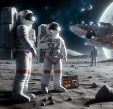 Astronauts standing in front of a space station on the moon, symbolic image science fiction, space