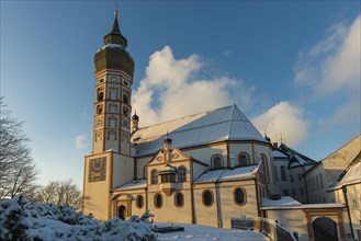 Andechs Monastery in winter, sunset, Fuenfseenland, Pfaffenwinkel, Upper Bavaria, Bavaria, Germany,