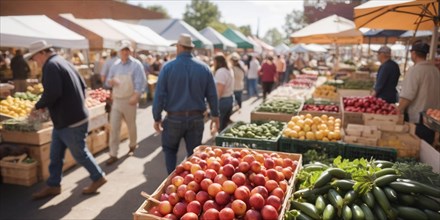 Farmers market bustling with shoppers among stands of fresh fruits and vegetables, horizontal wide