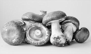 Champignon mushrooms on a white background. Monochrome AI generated