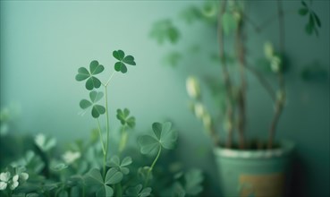 Clover plant in pot on blue wall background with copy space. AI generated