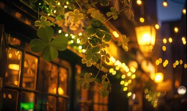 St. Patrick's Day. Golden clover on the background of night street. AI generated