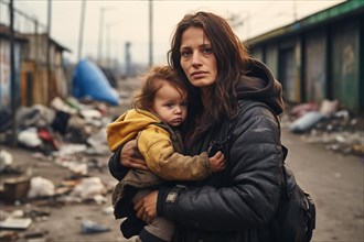 Young refugee woman with child in destroyed city or dirty refugee camp. KI generiert, generiert AI