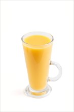 Glass of orange juice isolated on white background. Morninig, spring, healthy drink concept. Side