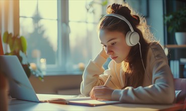 Young woman wearing headphones and studying on a laptop beside a sunlit window AI generated