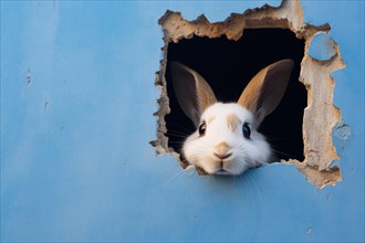 Bunny peeking through hole in blue wall. KI generiert, generiert AI generated