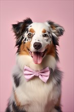 Australian Shepherd dog with bowtie on pink background. KI generiert, generiert AI generated