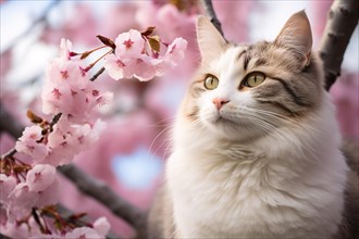 Cat sitting in tree with pink spring floweres. KI generiert, generiert AI generated