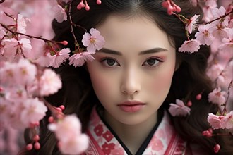 Face of beautiful Asian woman between pink flowers of Japanese Sakura cherry blossom tree flowers.