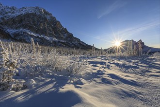 Winter landscape in front of mountains, sunrise, backlight, sun star, Brooks Range, Alaska, USA,