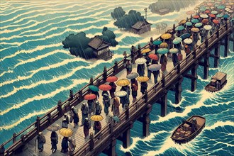 Colorful umbrellas dot a wooden bridge over stylized blue waves near a coastal village while