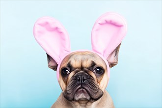 Cute French Bulldog dog with large pink Easter bunny ears on blue background. KI generiert,