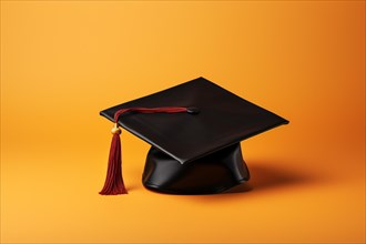 Black graduation cap on orange background. KI generiert, generiert AI generated