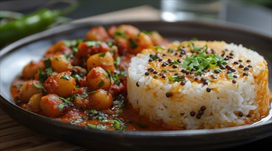 Spicy chickpeas on top of white rice garnished with sesame seeds and herbs served on a plate, ai