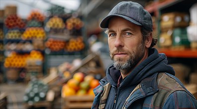 Thoughtful man wearing a cap and jacket standing in a market amidst produce, ai generated, AI