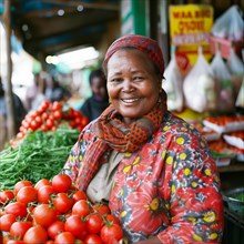 Elderly woman wearing a colorful scarf smiling by a stall with tomatoes and greens, ai generated,