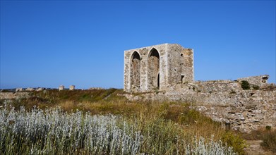 Large ruins in the middle of a wild floral landscape under a deep blue sky, Methoni sea fortress,