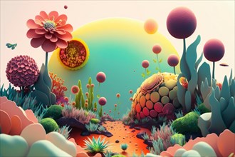Dreamy 3D illustration of a garden with fantasy flowers and vibrant abstract shapes, Spring garden