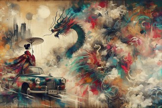 Dynamic urban fantasy with dragons swirling around a woman and a classic car, japanese themed
