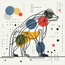 Modern geometric depiction of a bear with colorful abstract patterns, continuous line art, creature