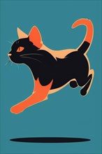 Stylized illustration of a black cat stretching on a teal background, minimalist vintage design