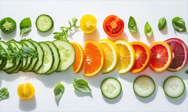 Citrus fruits and vegetables on a white background. Healthy food concept. AI generated