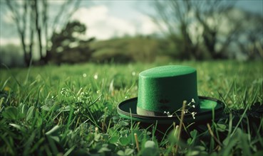 St. Patrick's Day background with green hat and clover on green grass. AI generated