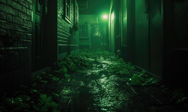 Dark alley in the city at night. Dark green tone. AI generated