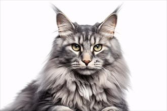 Portrait of gray Main Coon cat on white background. KI generiert, generiert AI generated