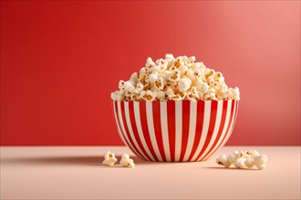 Red and white striped bowl with popcorn snack. KI generiert, generiert AI generated