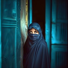 Young Muslim woman with expressive blue eyes and dressed in a blue traditional garment called