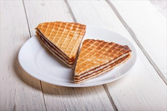 Waffle sandwiches with boiled condensed milk in plate on white wooden table. closeup. copy space