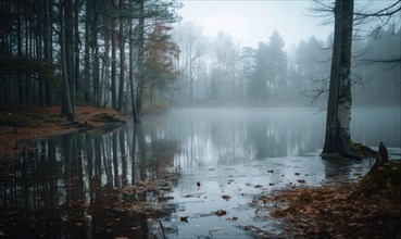 Misty morning on the lake in the forest. Beautiful autumn landscape AI generated