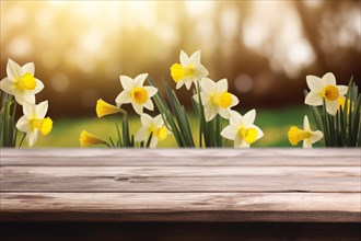 Wooden empty table with white and yellow Daffodil spring flowers in blurry background. KI