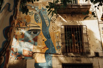 Street art with graffiti on the streets of the Born neighborhood in the center of Barcelona in