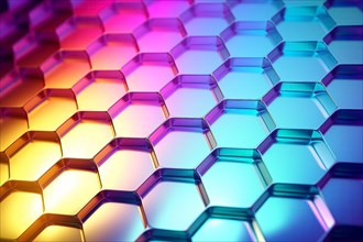 Metallic honeycomb pattern illuminated with vibrant gradient colors abstract background, AI