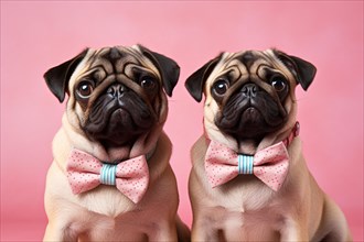 Pair of pug dogs with bow ties on pink background. KI generiert, generiert AI generated