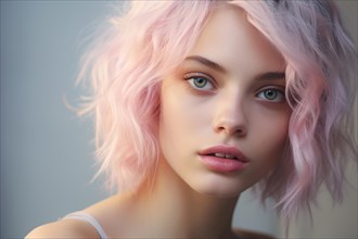 Beautiful young woman with unusual pastel pink and violet hair. KI generiert, generiert AI