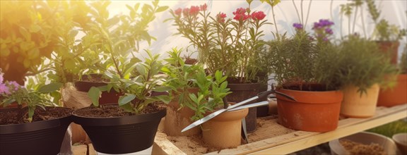 Soil in the flower pots and gardening tools on wooden flat lay background with copy space, AI