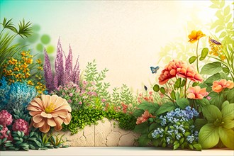 A vibrant garden scene with assorted blooming flowers and a butterfly in bright sunlight, Spring