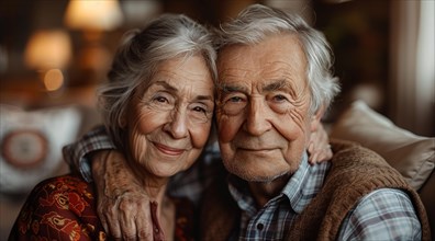 Close-up of a content elderly couple with bright smiles in a comfortable setting, ai generated, AI