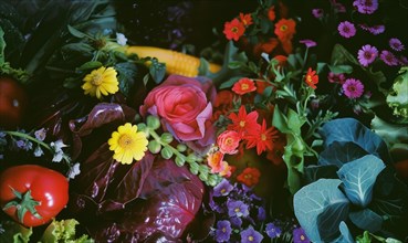 Colorful flowers and vegetables in the market, closeup of photo. AI generated