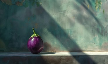 Purple eggplant on a table in front of a green wall. AI generated