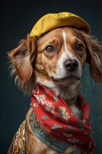 Playful dog wearing a yellow beret and a floral scarf, over grey solid studio background, AI
