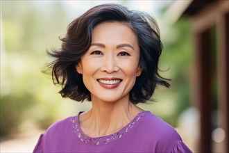 Smiling middle aged Asian woman with dark hair with gray streaks. KI generiert, generiert AI