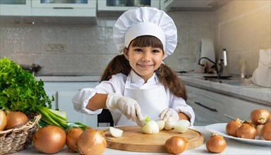 AI generated, human, humans, person, persons, child, children, 8 year old girl cutting onions in a