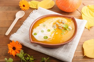 Traditional pumpkin cream soup with seeds in clay bowl on a brown wooden background with linen