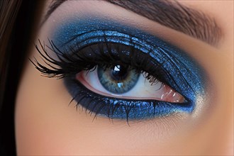 Close up of woman's eye with metallic blue eyeshadow makeup and long dark eyelashes. KI generiert,