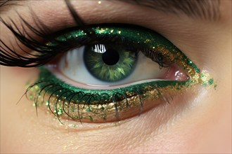 Close up of woman's eye with green and golden St. Patrick's day holiday eye makeup. KI generiert,